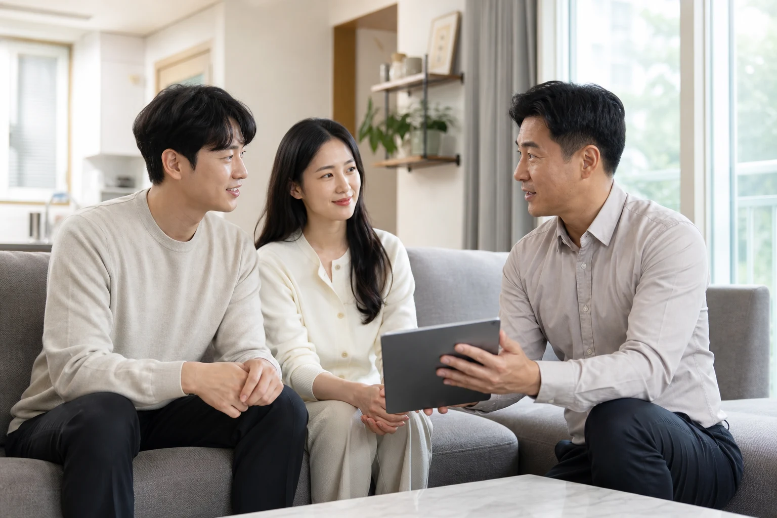 태블릿으로 집 상태를 확인하며 청소 견적을 설명하는 상담 장면
